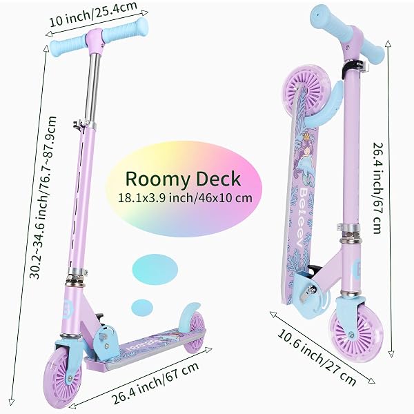 BELEEV SCOOTERS FOR KIDS AGES 3-12 WITH LIGHT-UP WHEELS & STEM & DECK, 2 WHEEL FOLDING SCOOTER FOR GIRLS BOYS, 3 ADJUSTABLE HEIGHT, NON-SLIP PATTERN DECK, KICK SCOOTER FOR CHILDREN (PURPLE)
