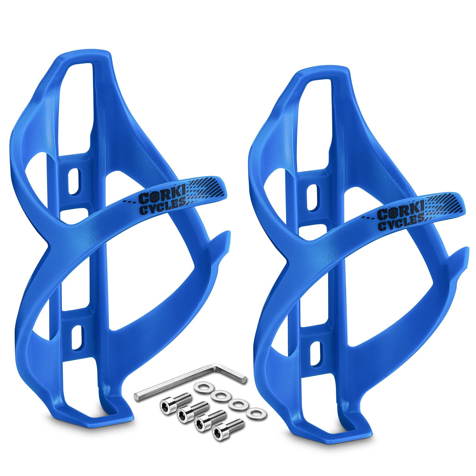 corki Cycles Bike Water Bottle Holder, Lightweight Bicycle Water Bottle Cage for Road Bikes & Mountain Bikes - Blue - 2PACK