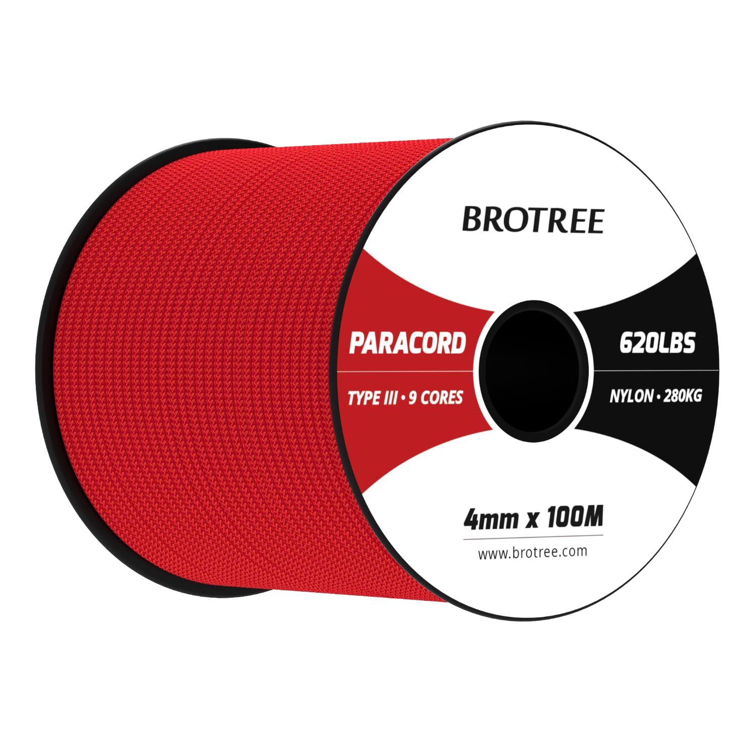 Brotree Paracord 4mm 100M 9 Strands 100% Nylon Rope Type 3 Parachute Cord for Outdoor, Bracelet, DIY - 280kg Breaking Load (Red)
