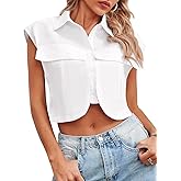 Tankaneo Womens Button Down Shirts Cute Summer Cap Sleeve Crop Tops Blouse