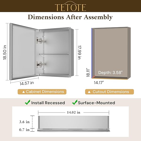 TETOTE 14 X 18 MEDICINE CABINET WITH TEMPERED BEVELED MIRROR SILVER MEDICINE CABINET MIRROR ALUMINUM CABINET DTC HINGES, STEPLESS ADJUSTABLE SHELVES, RECESSED/SURFACE-MOUNTED