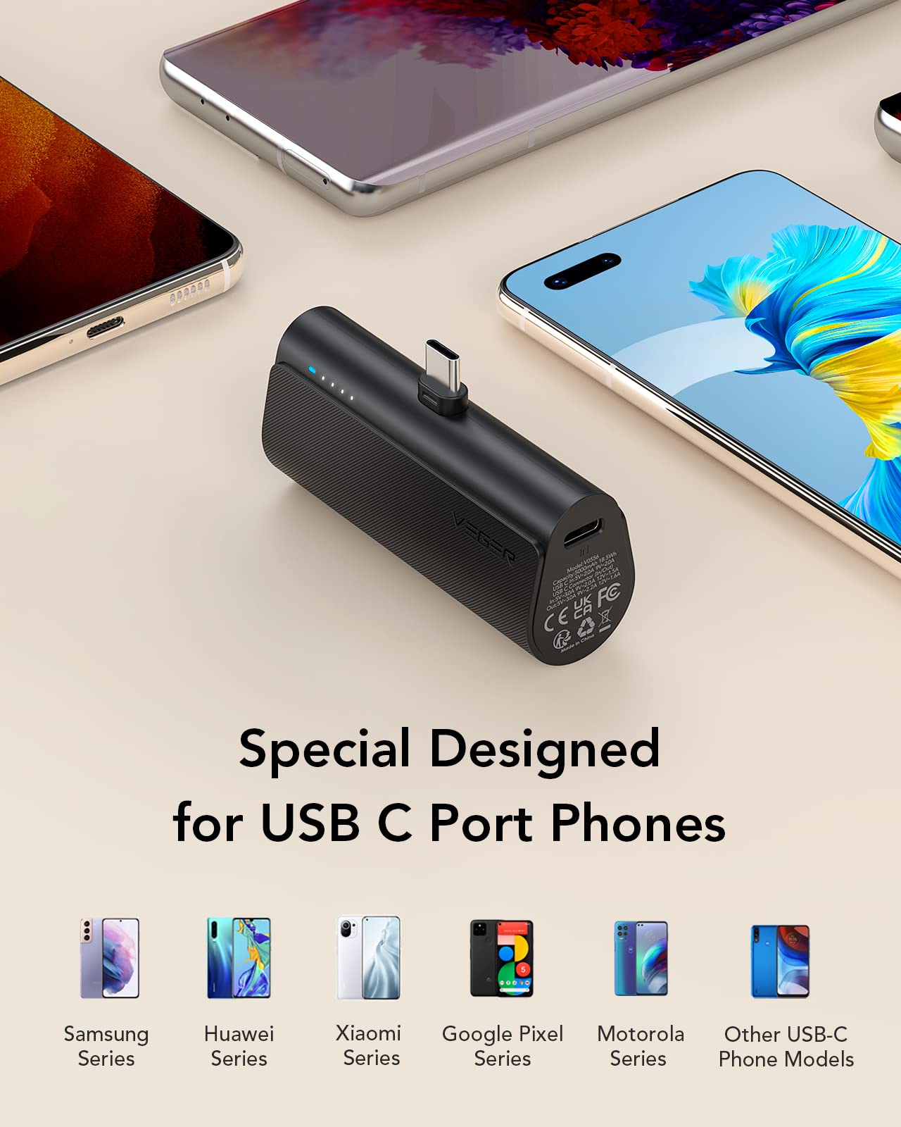 VEGER 2 Packs of USB C Portable Chargers, 5000mAh Power Bank Fast Charge Cordless Battery Pack Compatible for iPhone 15/16/16 Plus/16 Pro/16 Pro Max, Samsung Galaxy S25/S24/S23 Android