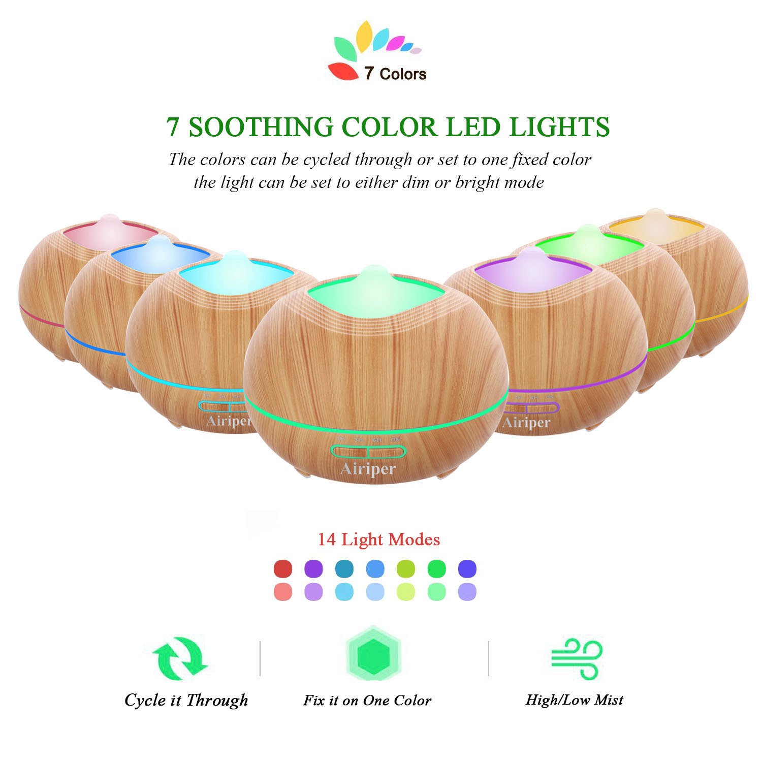Airiper 400ml Aroma Essential Oil Diffuser, Portable Wood Grain Aromatherapy Humidifier Ultrasonic Cool Mist Air Purifiers w 7 Color LED Lights, 4 Timer Settings, Waterless Auto Shut-Off Features