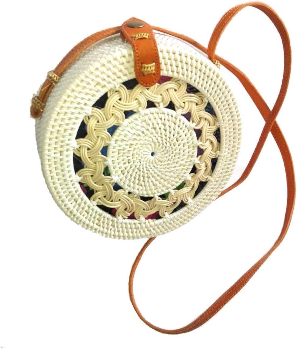 Handwoven Wicker Round Rattan Bag White Flower