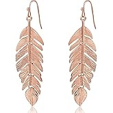 Leaf Earrings for Women - Long Hanging Boho Feather Earrings Plated in Gold, Silver, or Rose Gold Tone