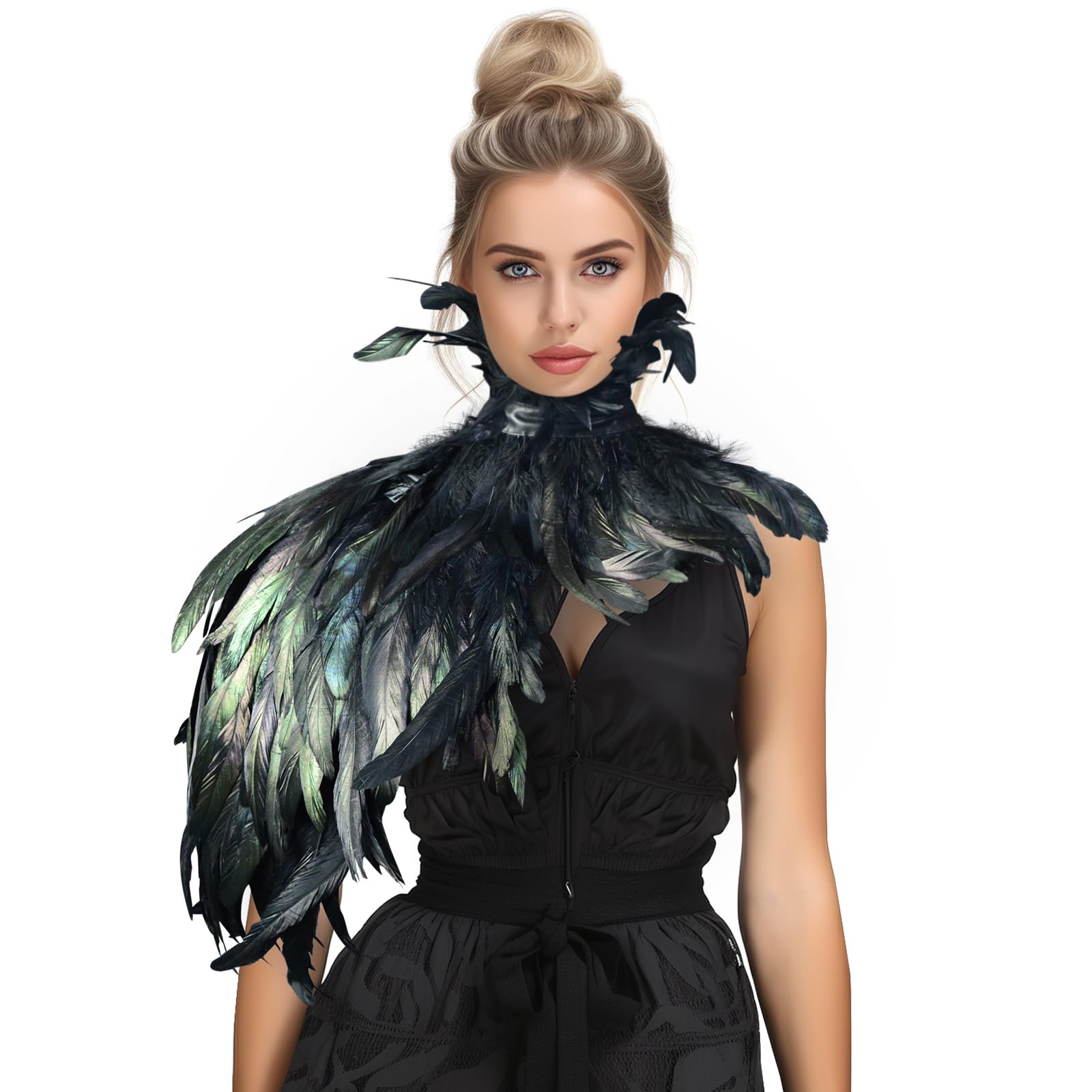 HOMELEX Gothic Real Feather Cape Shawl Shoulder Wings Choker Collar - Black - One Size