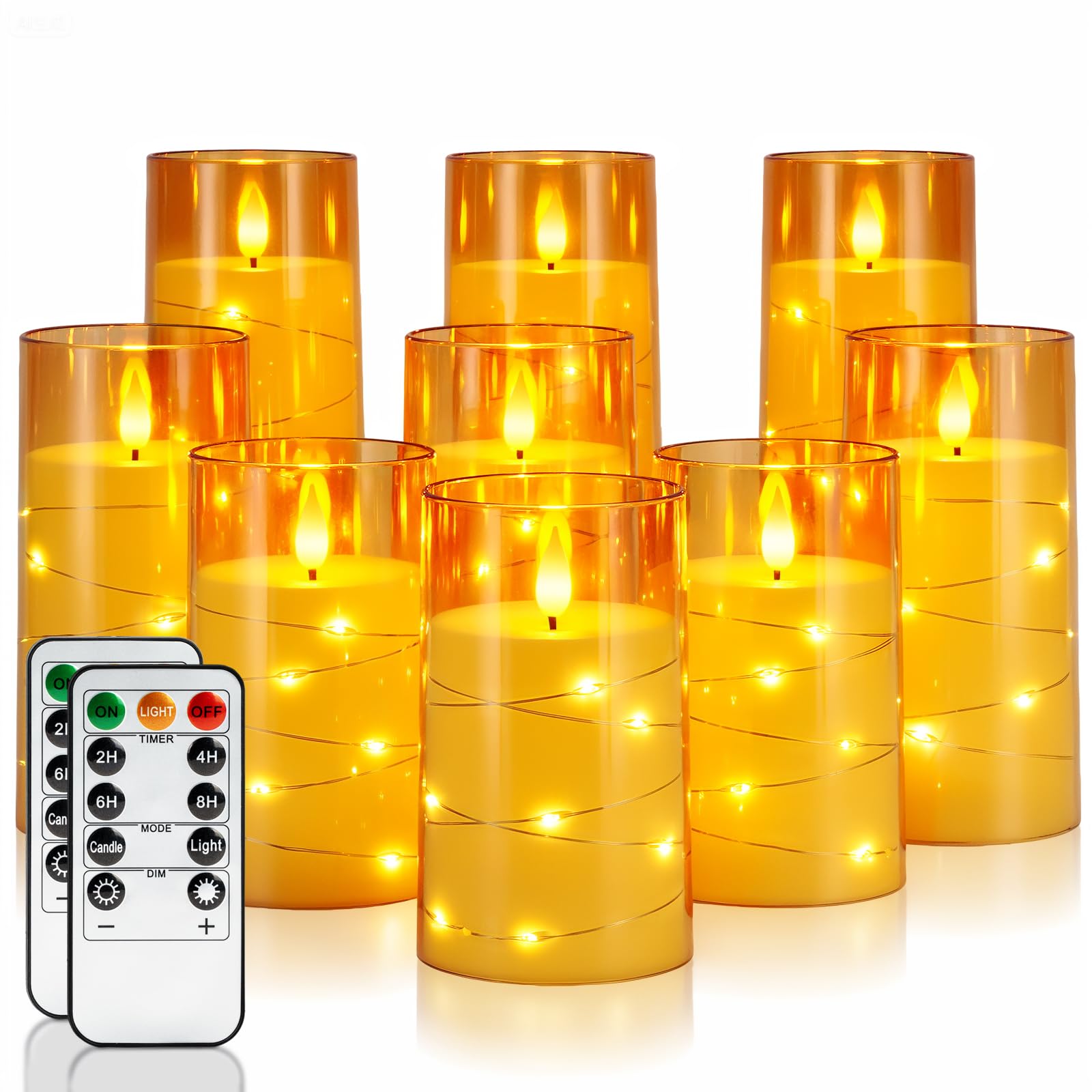 Photo 1 of Homemory 9 Pcs Flameless Candles with Embedded Star String Fairy Lights, Battery Operated Candles, LED Candle, Fake Candles with Remote Control and Timer (Gold)