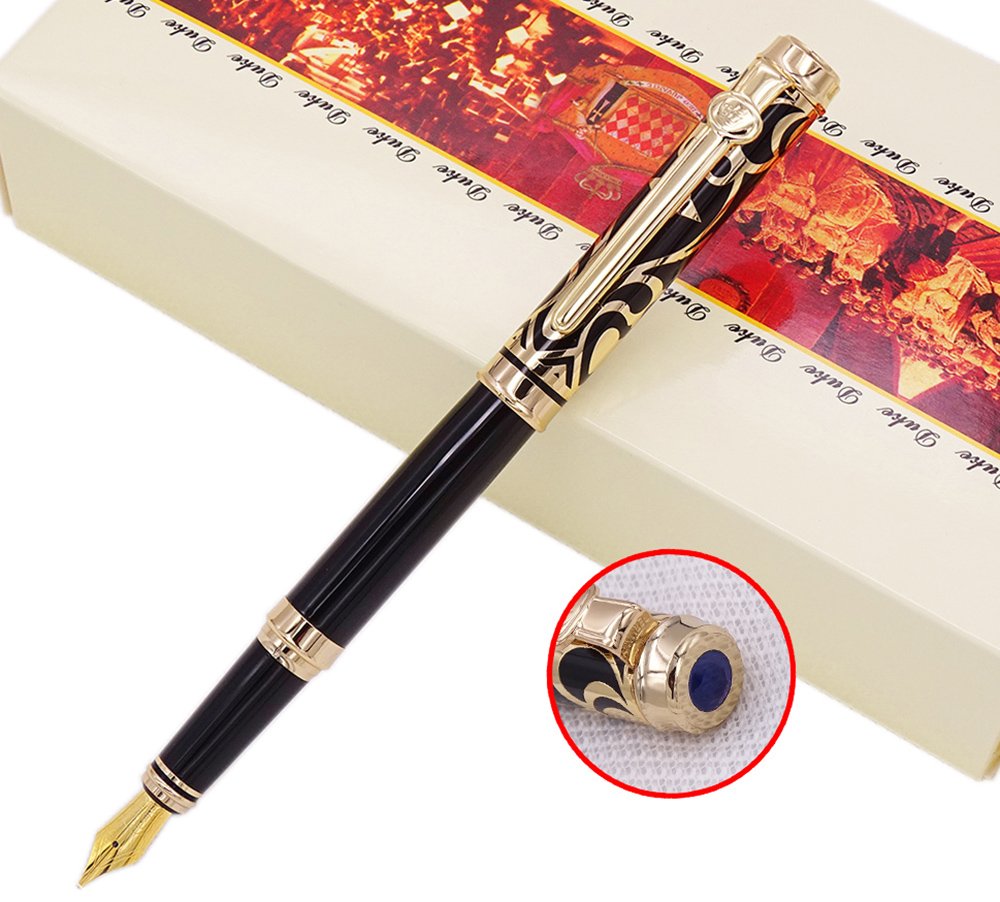 erofa Duke Black Fountain Pen Iridium Medium Nib with Ink Converter and Pen Case for Business Signature