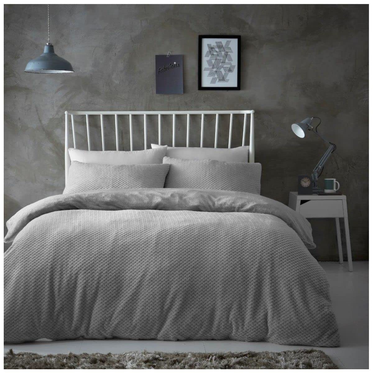 Gaveno Cavailia Popcorn King Duvet Set Silver, Honeycomb Waffle Weave Bedding, 3 Piece Teddy Flannel Fleece Reversible Bedlinen, Easy Care DuvetCover Bedset, 1 Quilt Cover and 2 Pillow Cases