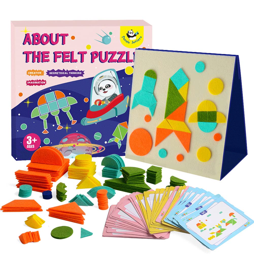 Panda Juniors – All About Felt Puzzle | 177 Felt Shapes + 40 Double-Sided Cards | Montessori STEM Toy for Kids 3+ | Geometric Learning Game with Display Board