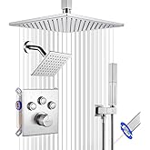 SHOYELA Thermostatic Shower System Brushed Nickel, Push Button Diverter Shower Faucet with 2 in 1 Handheld, Ceiling Mount 12 Inch Shower Head with 6 Inch Wall Mount Shower Head