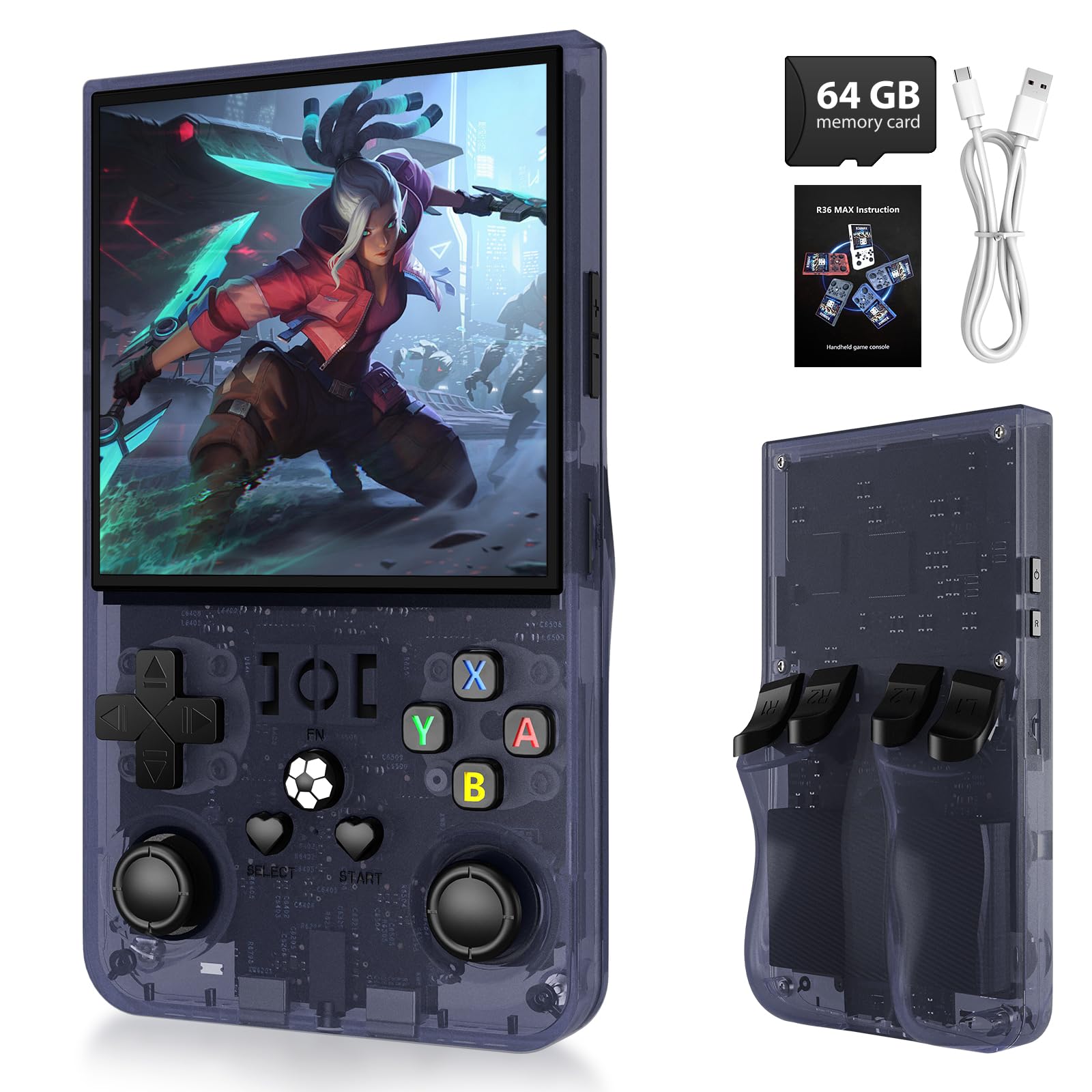 Photo 1 of ***SEE NOTES*** 
R36MAX Handheld Retro Game Console,Retro Video Game Console Built-in Games,4.0 inch IPS Screen,Linux System with Professional Gaming Chip,4000mAh Rechargeable Battery(Transparent Gray)