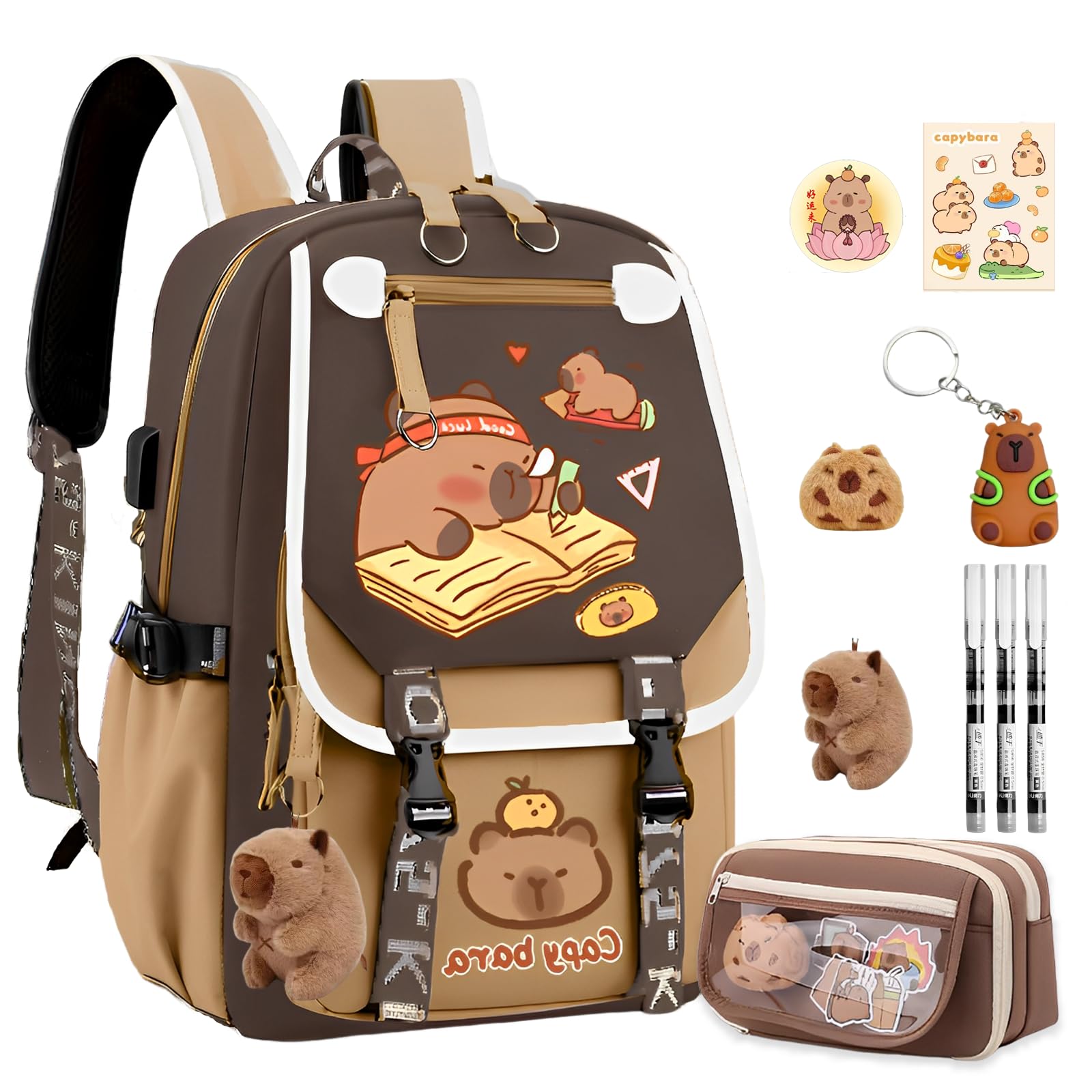Photo 1 of SJIE Waterproof Capybara Backpack?Large-capacity Kawaii capybara bag with 11-Piece Accessories (Badges, Pendants, Plush capybara, Stickers and others)