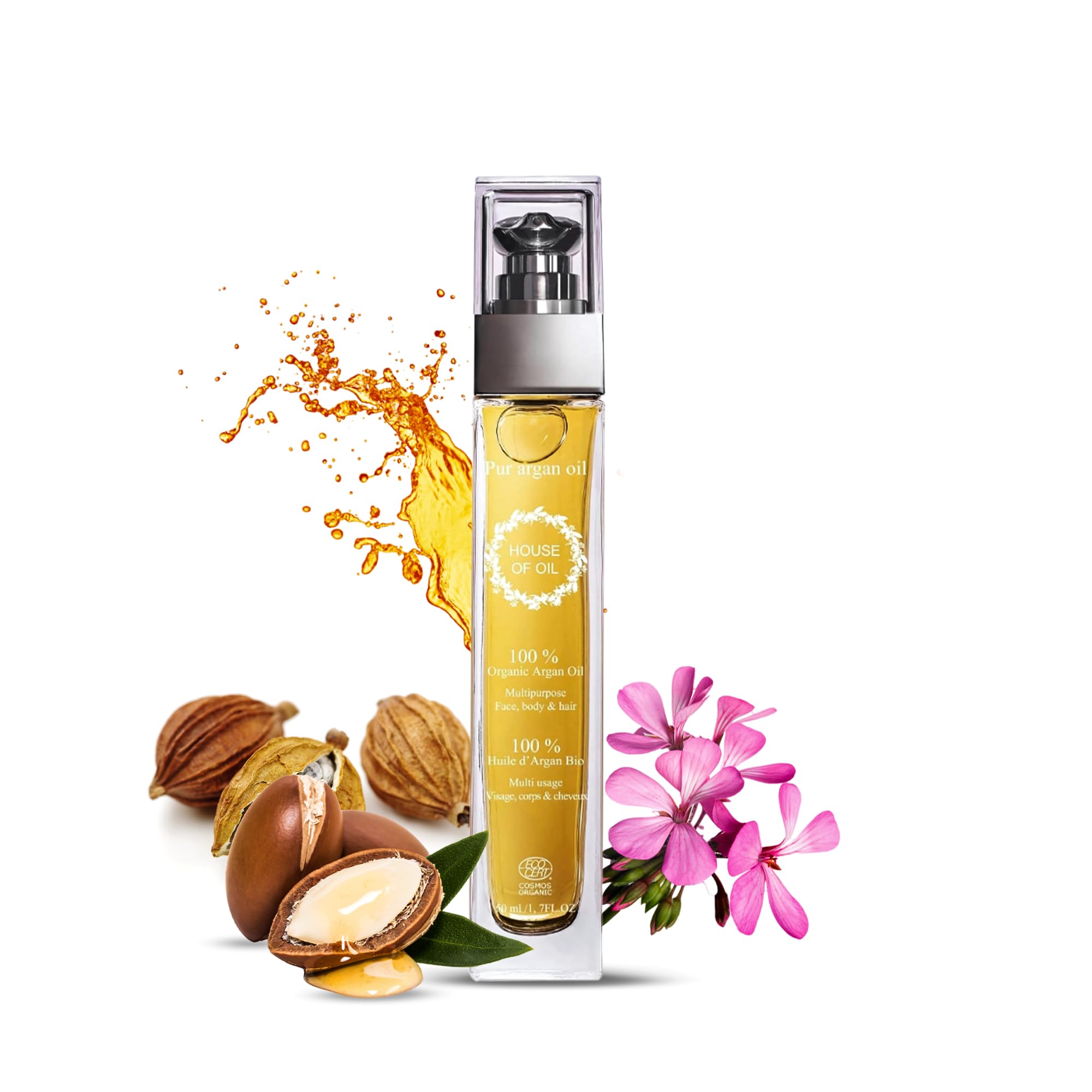 Moroccan Organic Argan Oil 50ML - 100% Pure, Natural and Cold Pressed - for Hair, Face, Body, Beard, Nails - Vegan and Cruelty-Free - Pump Bottle (Pack of 1)