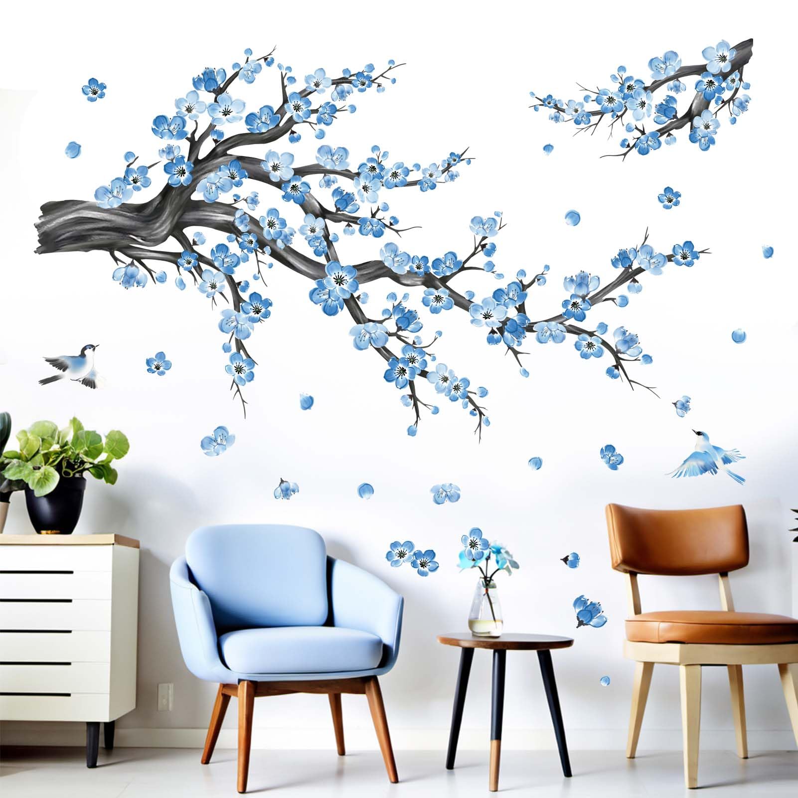 Cherry Blossom Wall Decals for Bedroom: Peel and Stick Flower Bird Blue ...