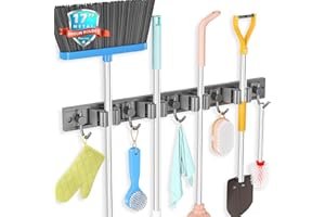 Foensc Broom Holder Wall Mount, Improved Adjustable Broom Holder, Super Anti-Slip Mop and Broom Holder Wall Mount, Heavy Duty Tool Organizer for Laundry Room Garage Storage, 4 Racks 5 Hooks
