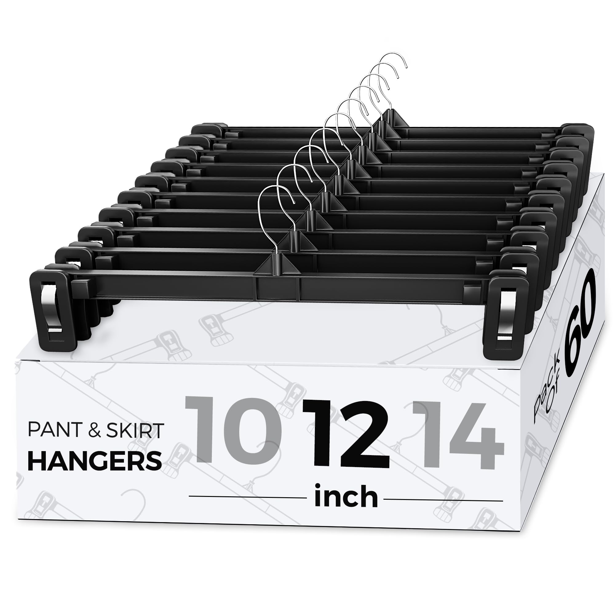 Photo 1 of Smartor Space Saving Skirt Hangers - 60 Pack, Slim Plastic Pants and Shorts Hangers, Ridged Non-Slip with Pinch Clips, Black Clip Hangers for Women, 360-Rotating Chrome Swivel Hook, 12 Inches