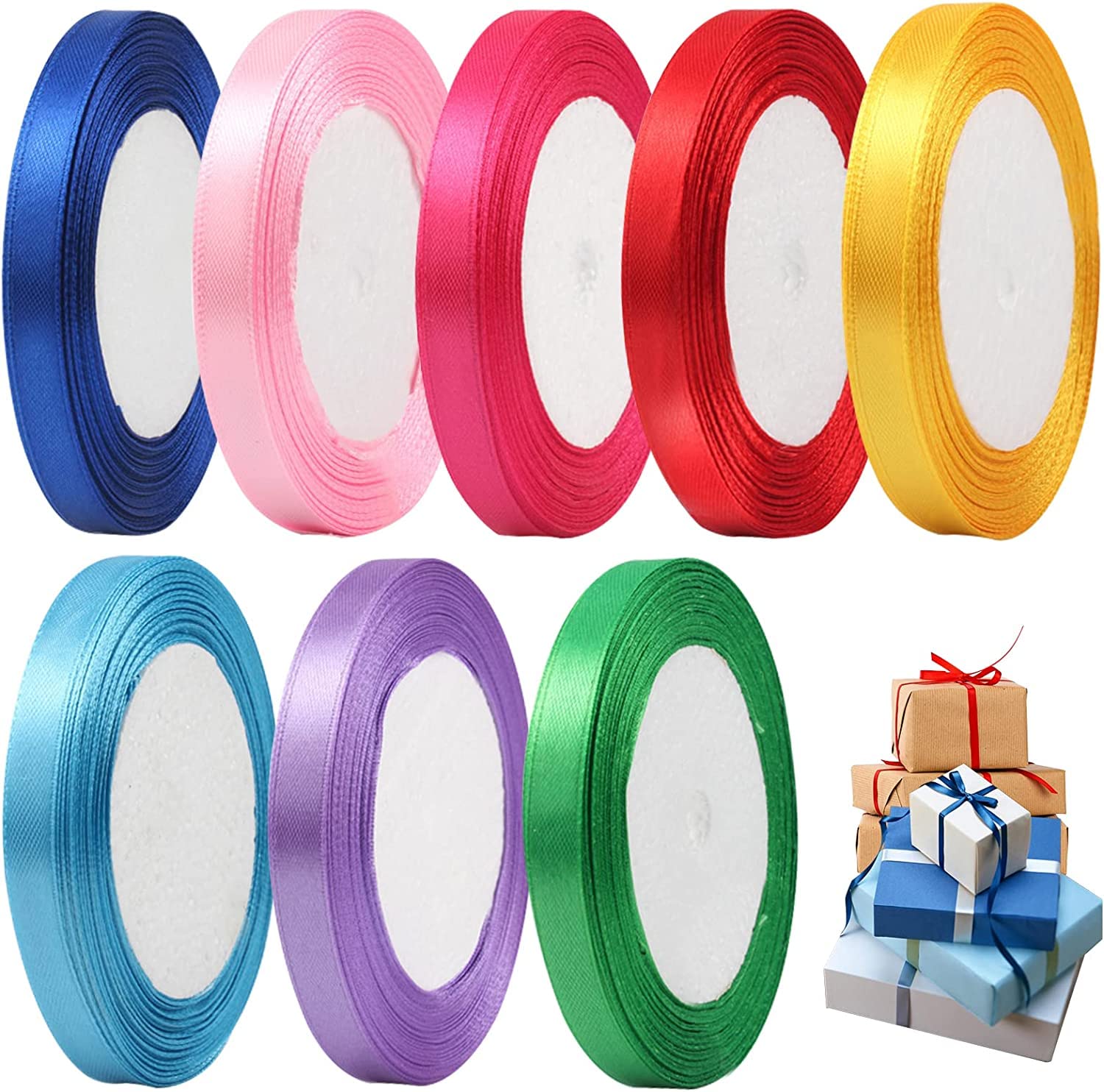 MOSNOW 8 Roll Satin Ribbon, 1cm x 22m Double Sided Satin Ribbon for Articles Wrapping Crafting Valentine's Day Wedding Party Decoration Bow Ribbon