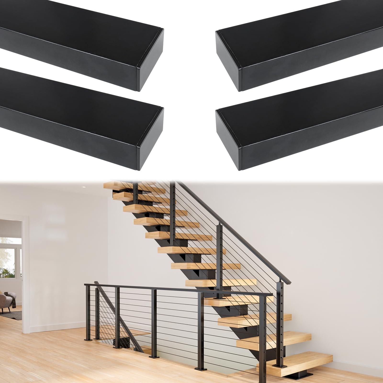 Photo 1 of Muzata 4Pack 6'6" Black Cable Railing Handrail Rectangular Stainless Steel Handrail for Cable Railing System Top Rail Deck Stair Indoor Outdoor Length Adjustable with Paper User Guide HT10 BP4