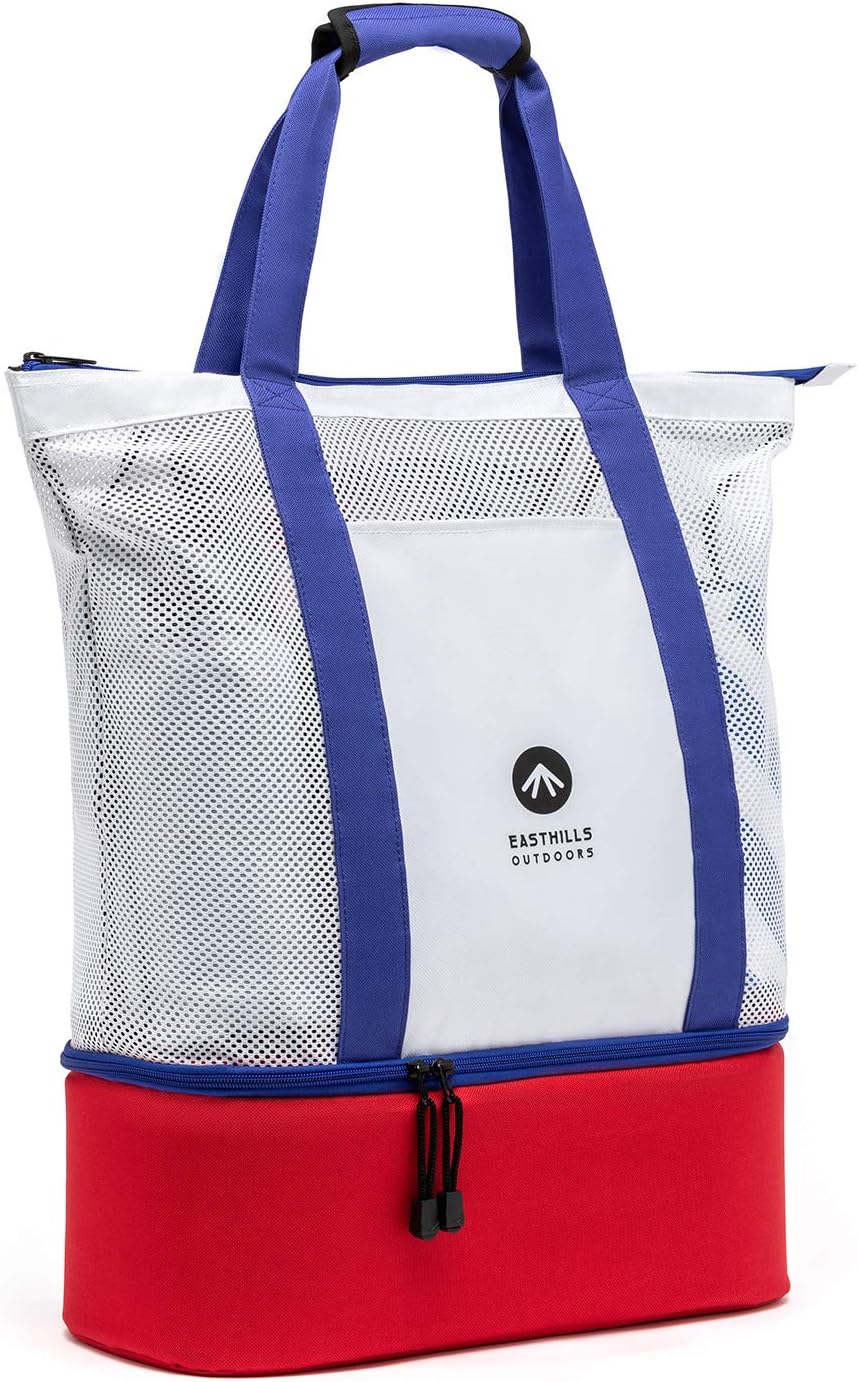 Easthills Outdoors Carryall Top Zipper Mesh Beach Bag with 12 cans Insulated Leakproof Rigid Bottom Cooler, Travel Tote Bag Backpack with Adjustable Comfy Shoulder Straps Red