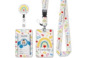 MCAPIRIVO Rainbow Teacher Badge Holder with Retractable Lanyard, Lanyards for ID Badges Name Tags Vertical Card Holder, Breakaway Lanyard Badge Reel Retractable, Teacher Nurse Workers Women Office Gifts