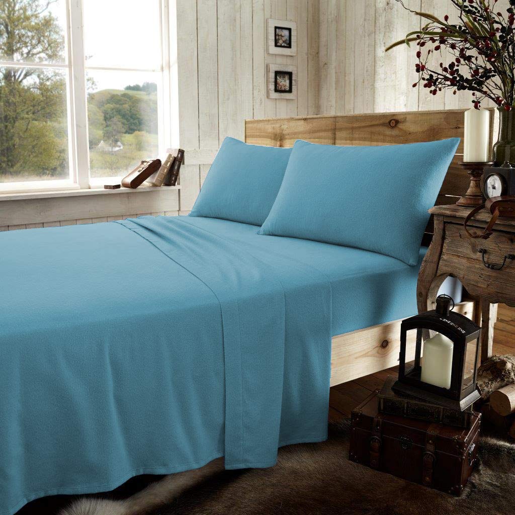 mFabrics Luxury Soft 100% Brushed Cotton Thermal Flannelette Extra Deep Fitted Sheet | Elasticated Corners | 40cm / 16" Deep Fitted Sheets (Blue, Pillowcase Pair)