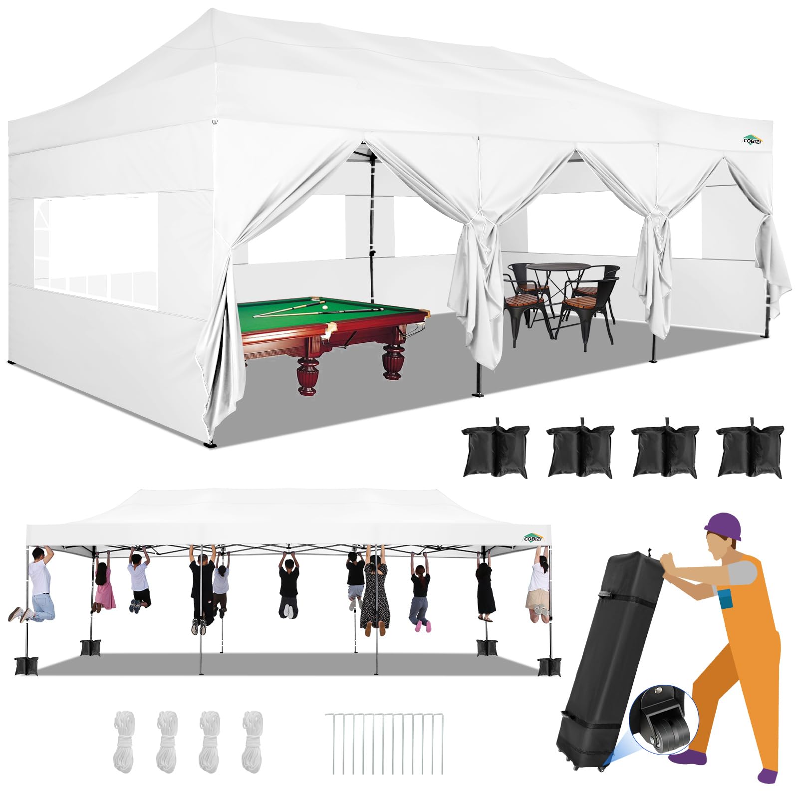 Photo 1 of **TRUCK/TRAILER PICK UP ONLY** (PARTIAL SET) (NON-FUNCTIONAL) COBIZI 10x30 Heavy Duty Pop up Canopy with 8 sidewalls Stable Wedding Outdoor Tents for Parties Canopy Pop Up Party Tent UPF 50+ Waterproof Commercial Gazebo with Roller Bag, White(Windproof Up