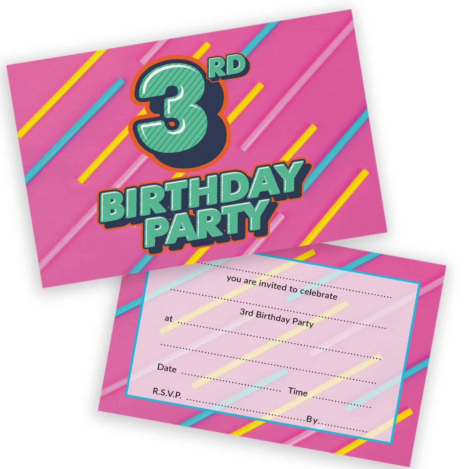 3rd Birthday Party Invitations Kids - Funky Colours 20 Pack - Childrens Birthday Invitations for Boys/Girls A6 Bday Party Invites Invitation Cards with Folding Envelopes