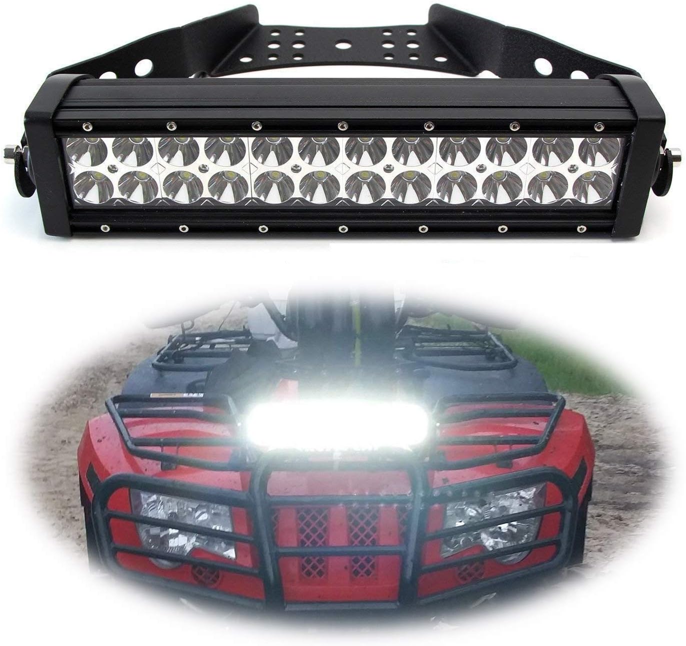 iJDMTOY 14-Inch LED Light Bar Kit Universal Fit ATV UTV Handles, Grill & Hood, Includes 72W High Power Double Row LED Light Bar, Handlebar/Front Grille/Hood Mount Bracket & On/Off Switch Wirings
