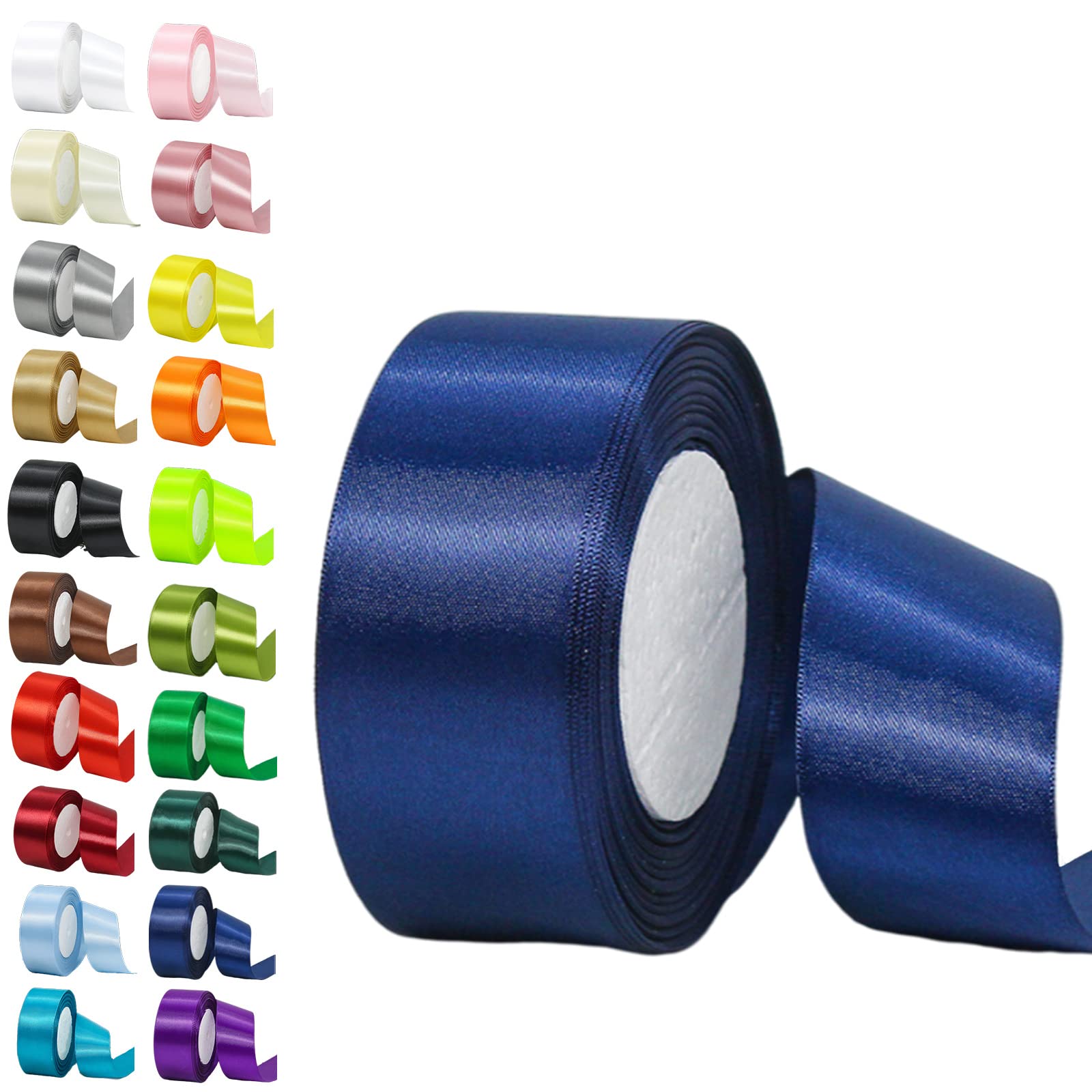 50mm Wide Dark Blue Fabric Ribbon - 22M Double Sided Satin Solid Decorative Large Thick Ribbon for Gift Wrapping, Wedding, Car & Sewing, Floral, Xmas Presents