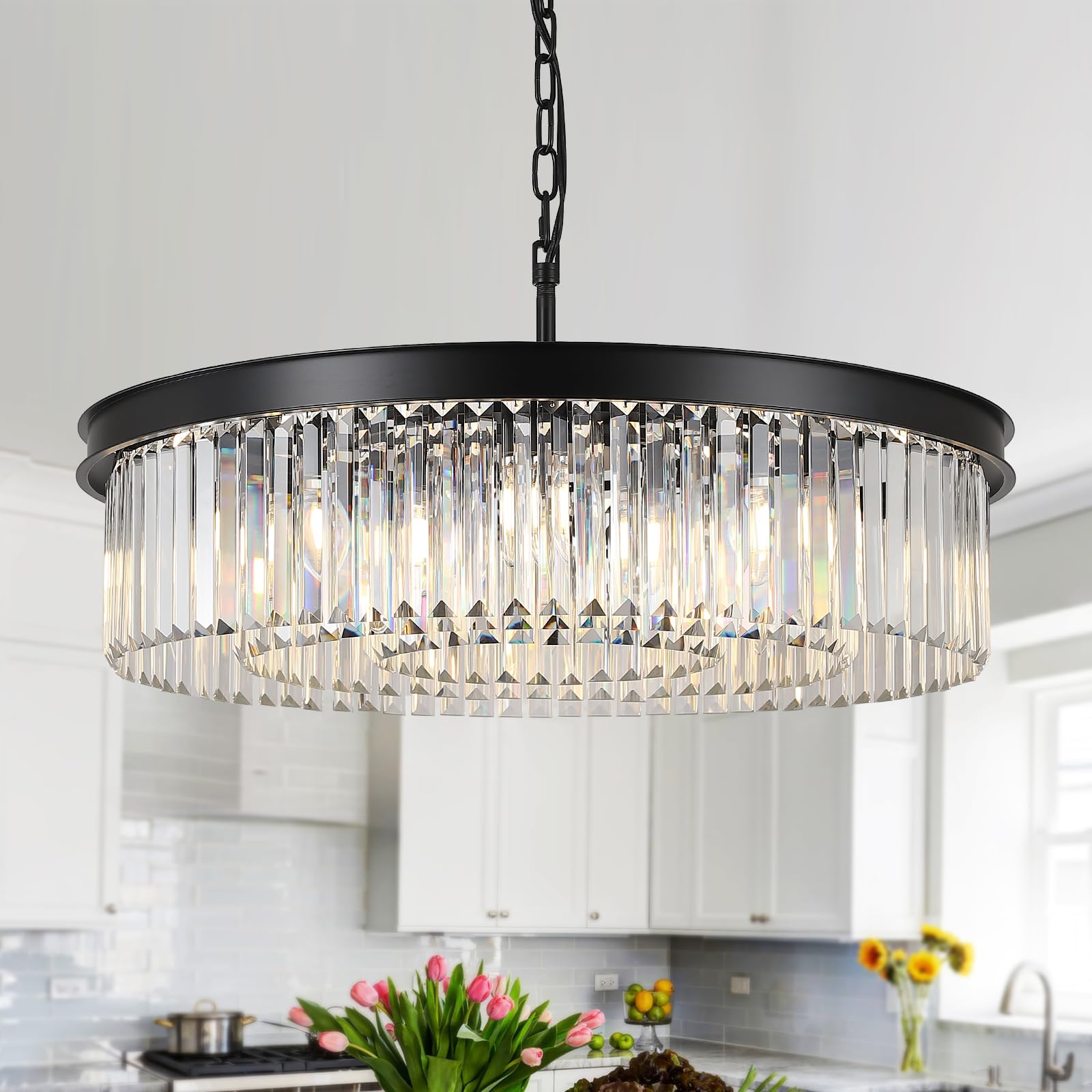Photo 1 of A AXILIXI 30'' Modern Crystals Chandelier 12-Light Large Black Crystal Chandeliers for Entryway 3-Tier K9 Crystal Ceiling Pendant Light Fixture for Living Room Dining Room Foyer Kitchen Bedroom