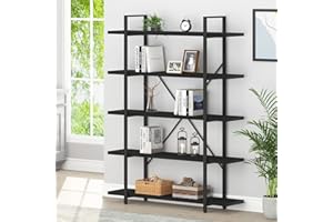 HSH 5 Tier Tall Black Bookshelf, Wood and Metal Storage Book Rack, Industrial Modern Etagere 5 Shelf Bookcase, Large Wide Open Display Book Shelf for Bedroom Living Room Office, Bookshelves Heavy Duty