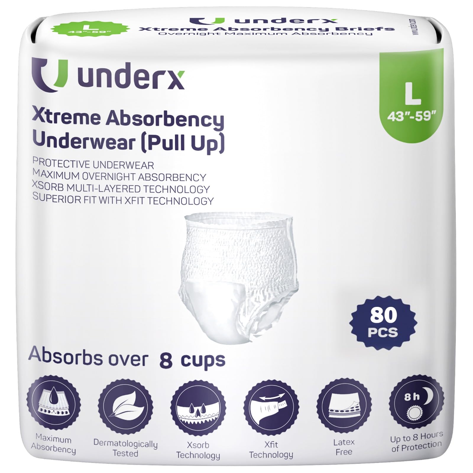 Photo 1 of UnderX Adult Disposable Incontinence Underwear – Maximum Absorbency Pull Ups, Absorbs 8 Cups of Liquid, Overnight Pullups Comfort, Leak Protection, Soft Latex-Free Diaper (Large, 80 Count)