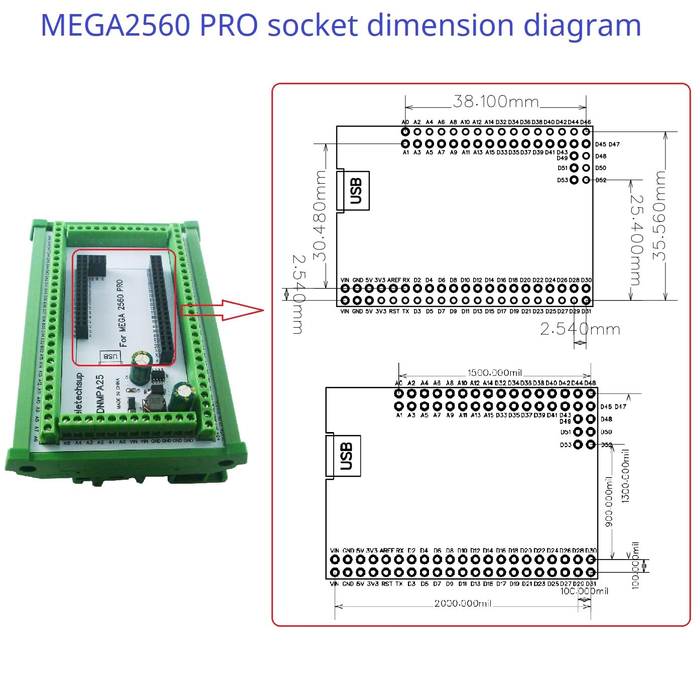 eletechsup MEGA2560 PRO DIN Rail Expansion Board DC-DC 5V 2A Converter 3.96mm Mount Screw Terminal Block Adapter Module DNMPA25 for Arduino (with Rail Box, 4 apcs)
