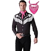 Maxim Party Supplies Western Fringe Shirt Cowboy Costume for Men, 80s 90s Retro Long Sleeve Shirt with Pink Scarf
