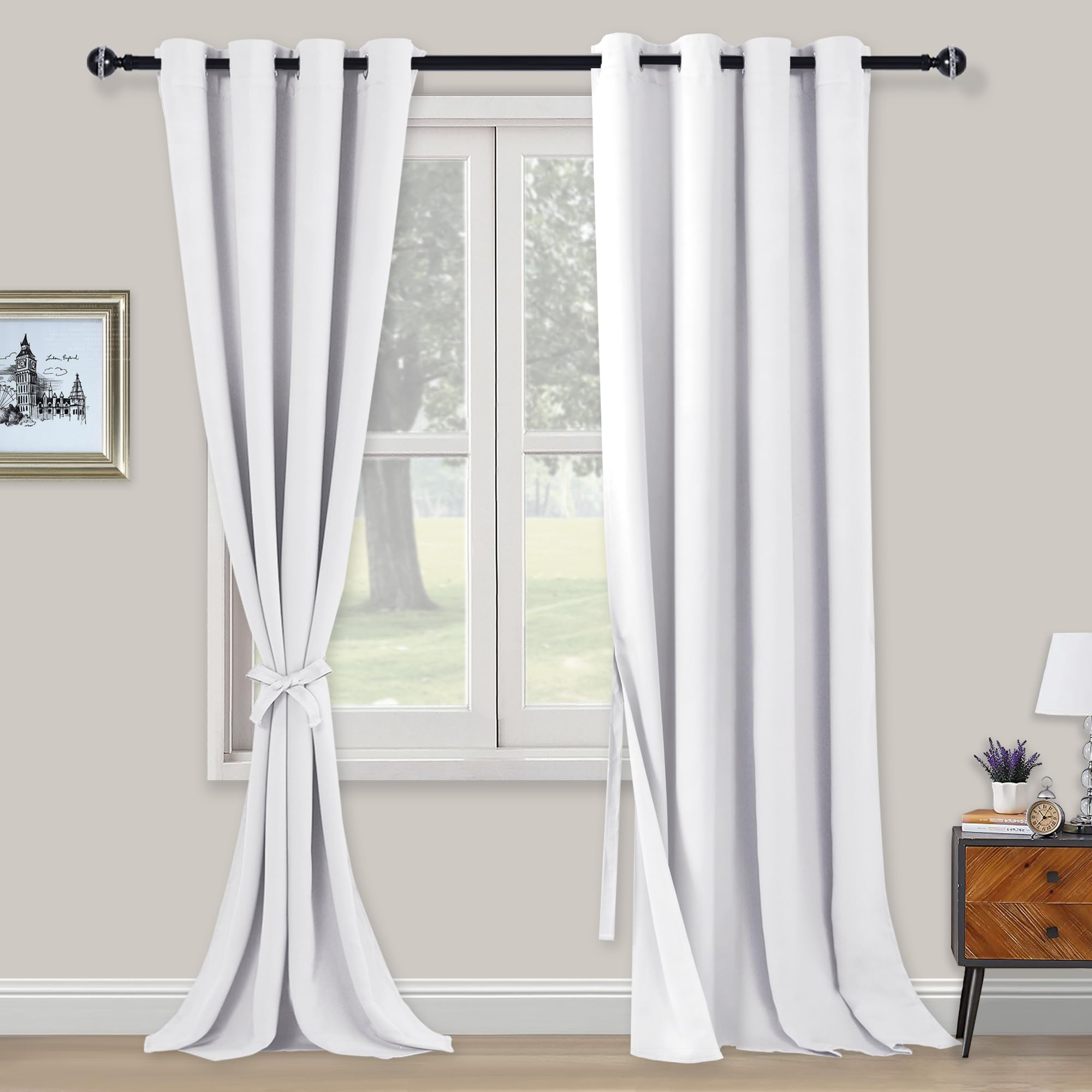 XWZO Blackout Curtains Shades Window Curtain Panels with Tiebacks- Noise Reduction and Thermal Insulated Eyelet Curtains for Bedroom,Living Room,Office,Study Room Greyish White W55xL96