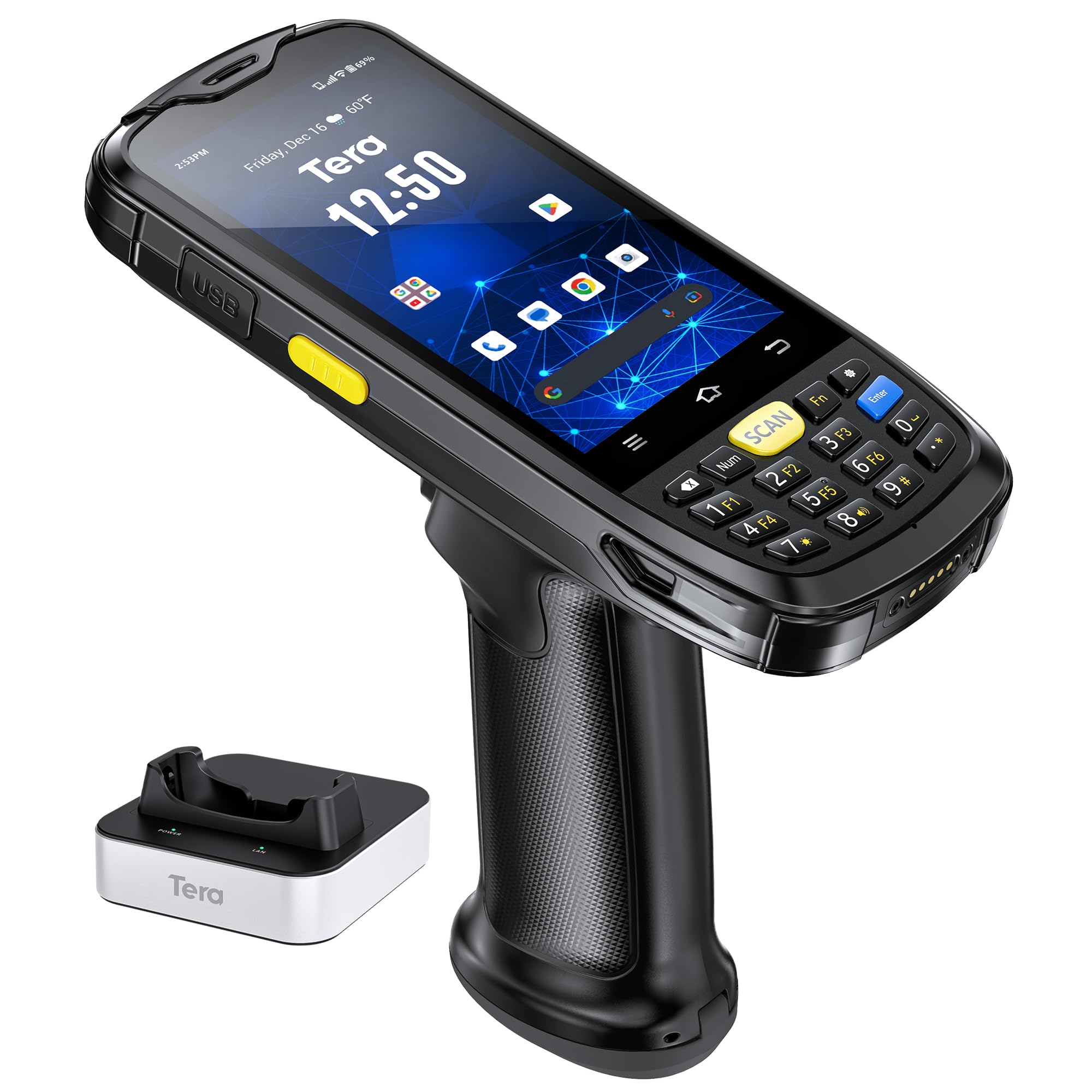 Photo 1 of Tera Android Barcode Scanner Mobile Computer with Charging Cradle Pistol Grip, 1D 2D QR Zebra Scanner, Android 10 Handheld PDA Data Terminal, IP 65 Rugged 4G Wi-Fi GPS Works with Bluetooth Model P160