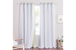 NICETOWN Kids Curtains Blackout Curtains for Nursery Living Room Decor Colorful Double Layer Star Cut-Out Stripe Rainbow Window Curtain for Girls Babys Bedroom, W52 x L84, Purple Blue Yellow, 1 Pair