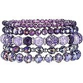 KFHENSOMR Bohemian Beaded Bracelets for Women, 5 Pcs Multilayered Boho Glass Disco Ball Faceted Crystal Stretch Bracelets, Stackable Purple Jewelry Gift for Mother's Day