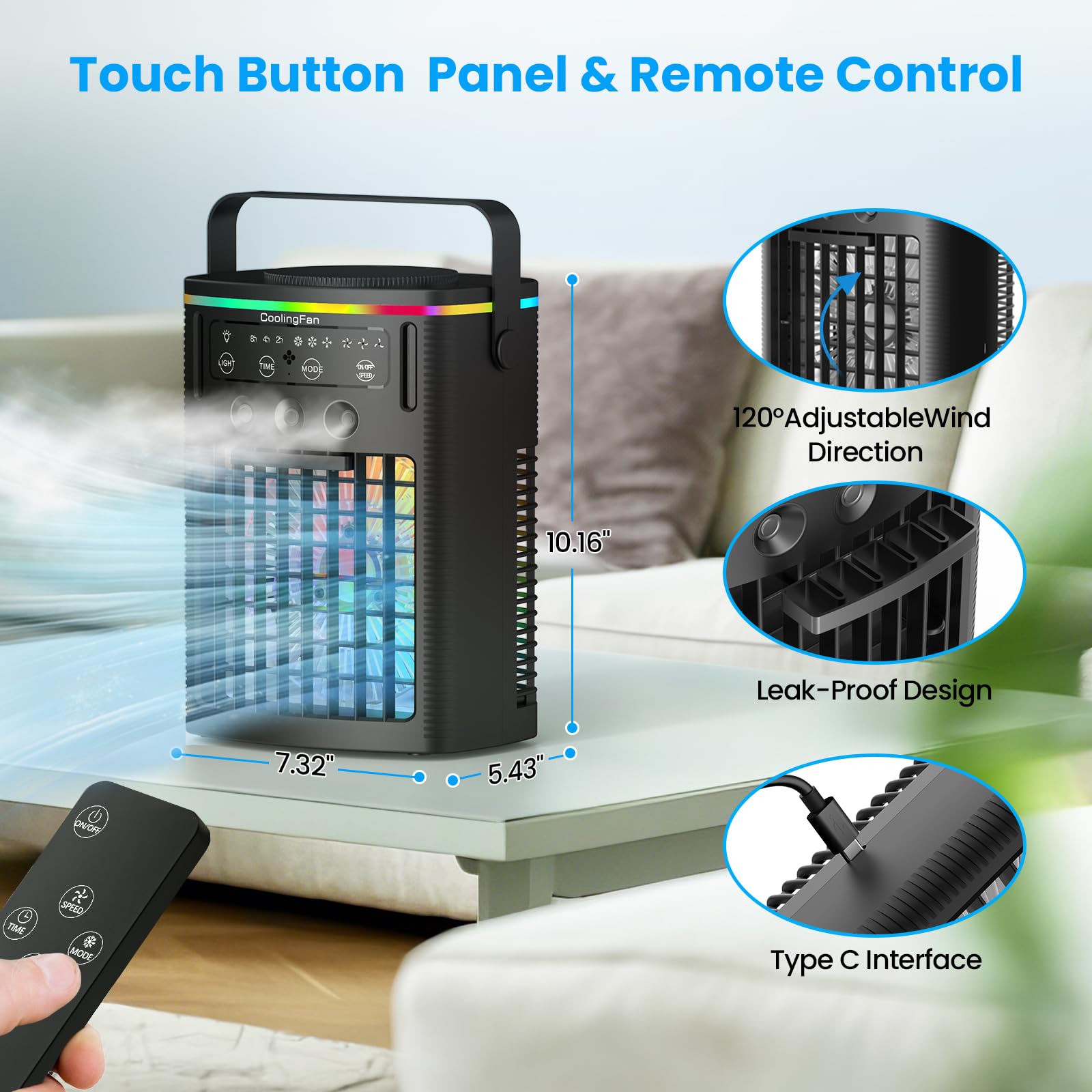 Portable Air Conditioners, Mini Air Conditioner Portable with Remote, 3 Speeds & 3 Mist, 2-8H Timer & 7 Light Evaporative Air Cooler, Personal Cooling Air Conditioner Fan for Bedroom Office Desk