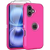 Aimoll-88 for iPhone 16 Case, with 2 Screen Protector Heavy Duty Drop Protection, Full Body 3 Layer Rugged Shockproof Dust-Proof Tough Protective Phone Cover for Apple iPhone 16 (Pink)