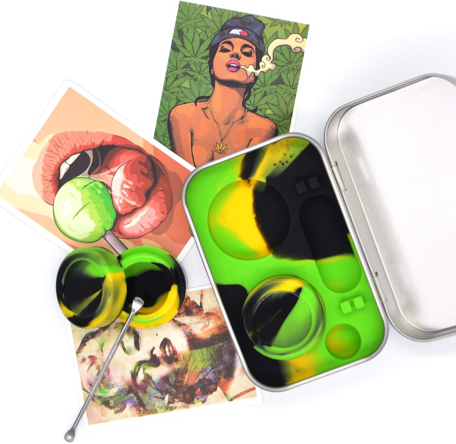 Auchee Wax Oil Container Carving Tool Travel Kit 5ml Silicone Jar (2 units) + Carving Tool (1)+ Psychedelic Vinyl Decals Sticker (3) for Storage Balm, Concentration (Tin Box Kit-Black+Yellow+Green)