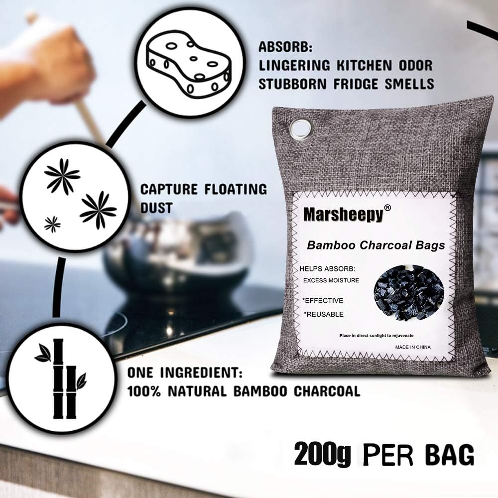 Marsheepy 12 Pack Bamboo Charcoal Shoe Deodorizer Bags, Activated Charcoal Odor Absorber, Bamboo Charcoal Air Purifying Bags, Odor Eliminator for Shoes, Pets, Car, Closet (200g X 2 and 75g x 10): Kitchen & Dining
