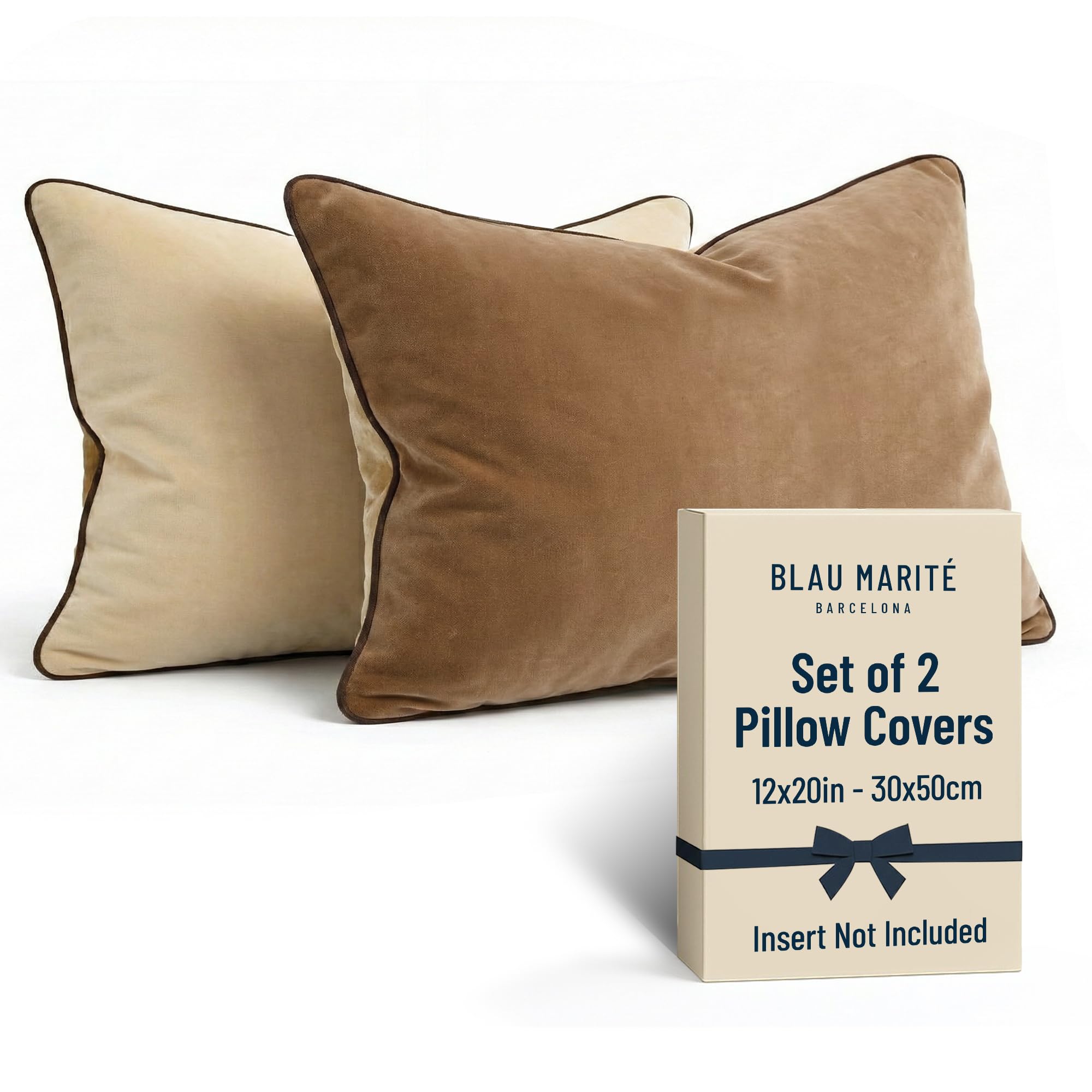 Blau Marité Decorative Velvet Throw Pillow Covers with Trim. Soft Velvet Decorative Pillow Cases. Velvet Cushion Covers. Contrast Pipping.(Brown and Beige, 12"x20")