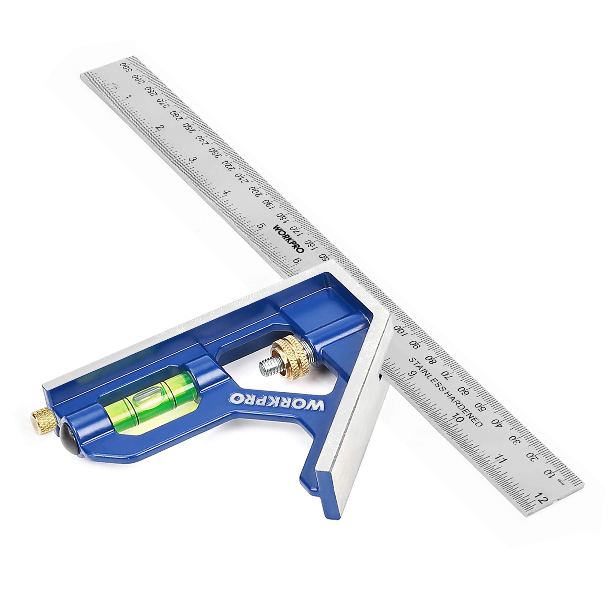 WORKPRO 300 mm/12 Inch Combination Square, Engineers Set Square, Stainless Steel Angle Ruler, Adjustable Carpentry Square 45/90 Degree with Bubble Level, Measuring Tool for Engineer Carpenter