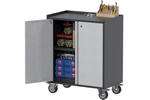 Aobabo 2 Door Tool Cabinets for Garage, 35.4 Inches Lockable Garage Storage Cabinet, Locking Metal Storage Cabinet with Wheels, Rolling Tool Chest, Assembly Required, Black/Gray