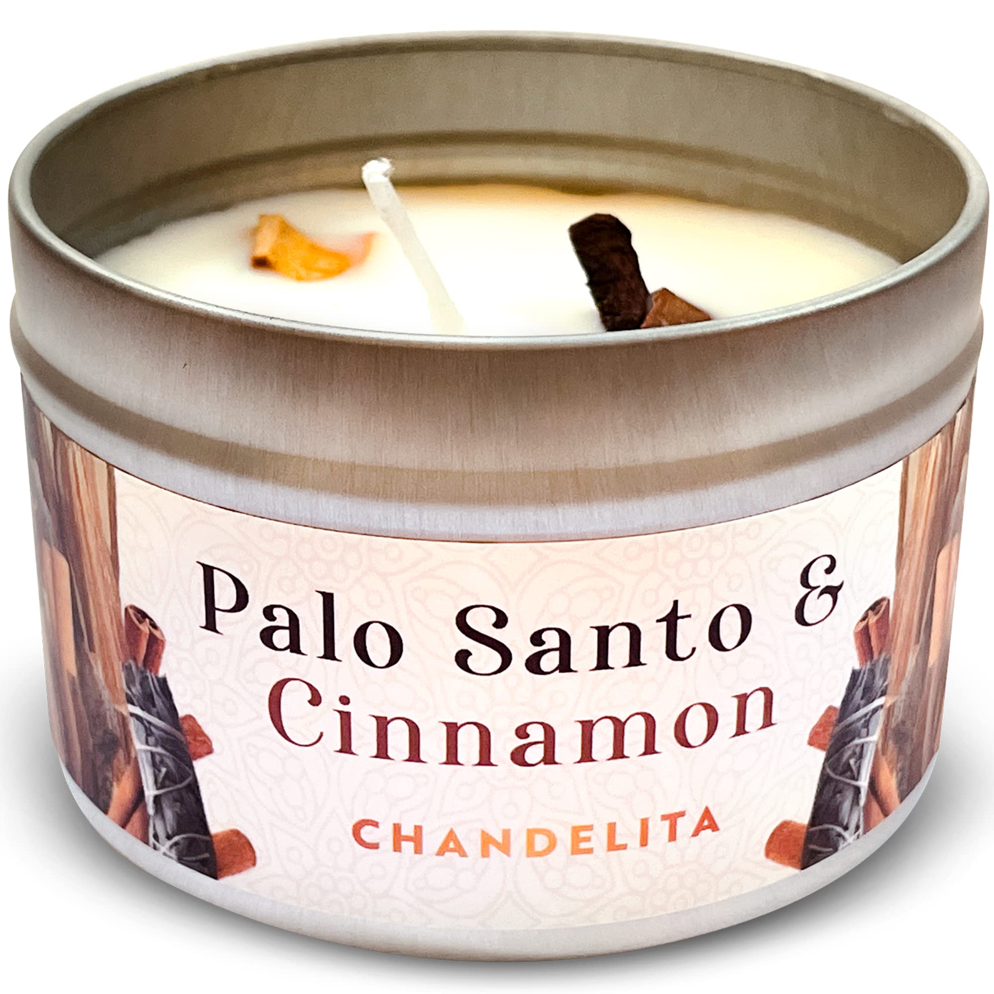 Chandelita Palo Santo & Cinnamon Scented Candle - 6 oz, 33 hr Burn Time, Eco-Friendly Soy Wax, Meditation & Stress Relief