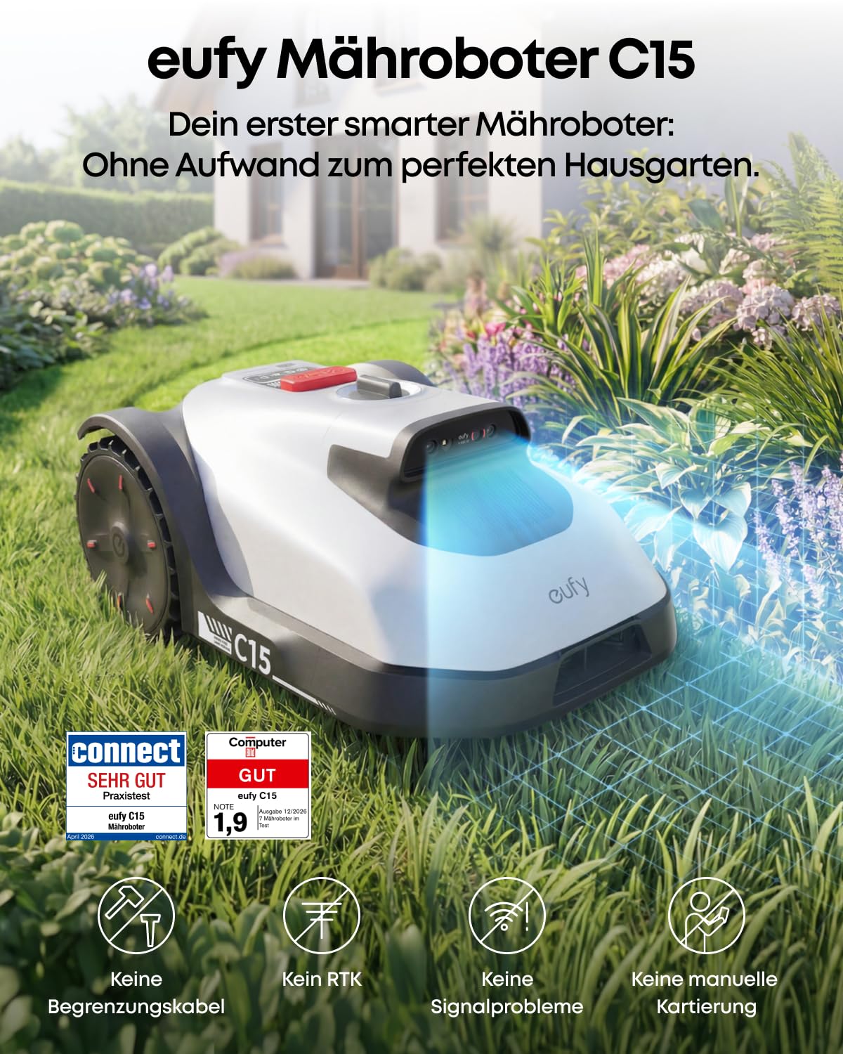 eufy C15 Mähroboter ohne Begrenzungskabel mit Garage, bis 500m², TrueVision, ohne RTK, Keine Signalprobleme, Auto-Kartierung, sicher für Igel, intelligente Navigation, präzises Randmähen 2