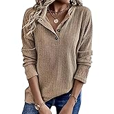 Flamingals Casual Long Sleeve V-Neck Rib-Knit Half Button Solid Shirts Tops