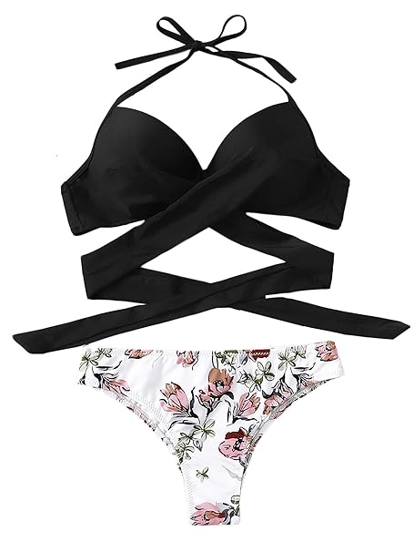 DIDK Damen Bademode Neckholder Push Up Bikini Set Zweiteilige Badeanzug Riangel Oberteil Bandeau Strandmode Sport Split Bikin